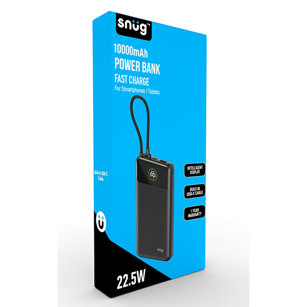 Snug 10000mAh Power Bank With Built In USB-C Cable And Intelligent Display - Black