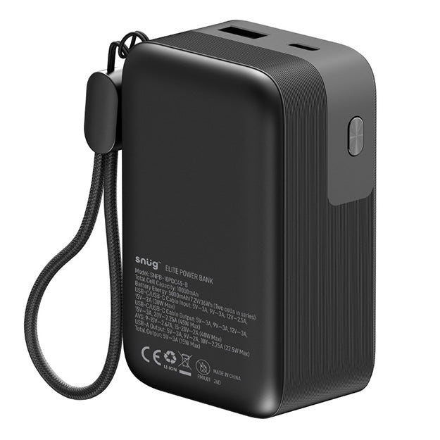 Snug Elite 10000mAh Power Bank 45W Fast Charge With Retractable Cable - Black