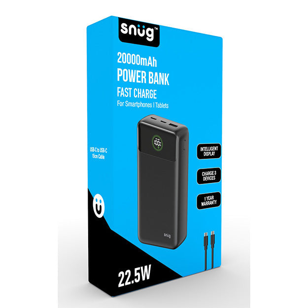 Snug 20000mAh Power Bank Charges 3 Devices With Intelligent Display - Black