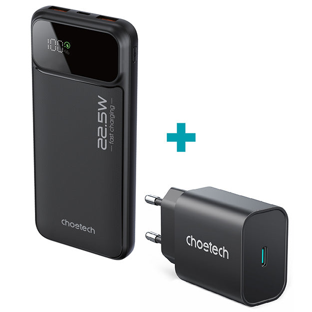 Choetech 10000mAh 22.5W Power Bank + 1 Port 25W Wall Charger – Black