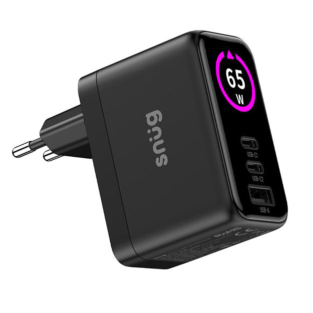 Snug Elite 3 Port GaN 65W Max Digital Display Wall Charger With USB-C Cable - Black