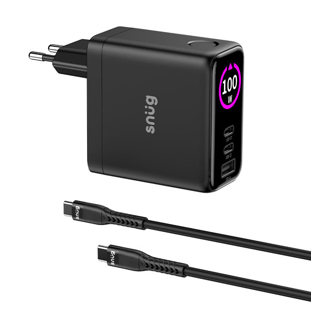 Snug Elite 3 Port GaN 100W Max Digital Display Wall Charger With USB-C Cable - Black