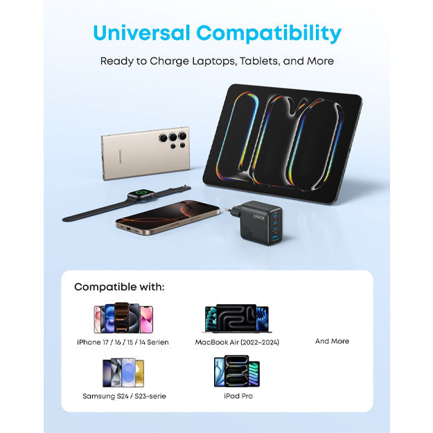 Anker 4 Port 70W GaN Laptop & Smartphone Charger With USB-C Cable - Black