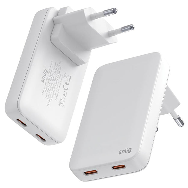 Snug GaN 45W 2 Port Slim Wall Charger With Super Fast Charge - White