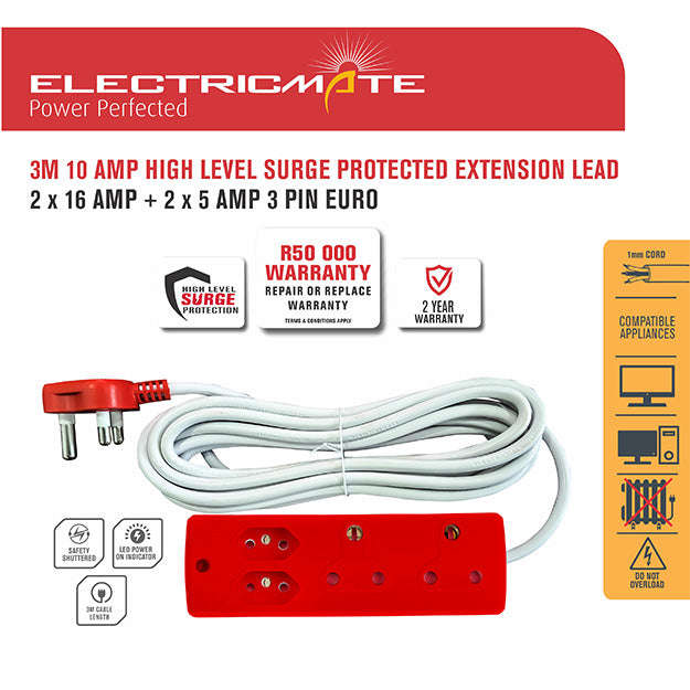ElectricMate 3M 10 Amp Surge-Protected Extension Lead With 2 x 16 Amp And 2 x 5 Amp 3-Pin Euro Outlets