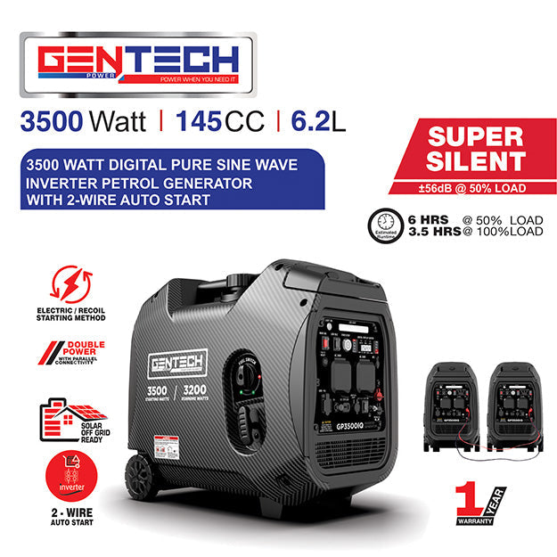 Gentech Power 3500 Watt Pure Sine Wave Inverter Generator - Black