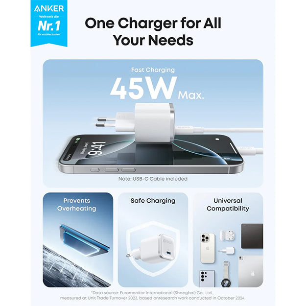Anker Zolo 45W Compact USB-C GaN Charger - White