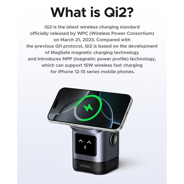UGreen UNO 2-in-1 Magnetic Wireless Charging Station 15W Qi2 - Grey