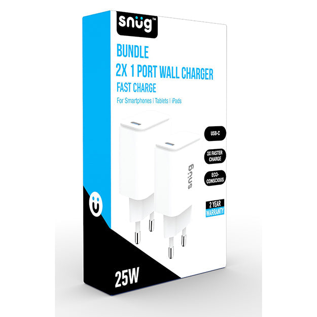 Snug Bundle 2 x 1 Port 25W Wall Charger With Fast Charge - White