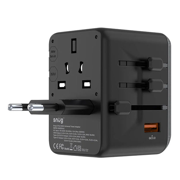 Snug 5 Port Universal Travel Adapter - 65W - Black
