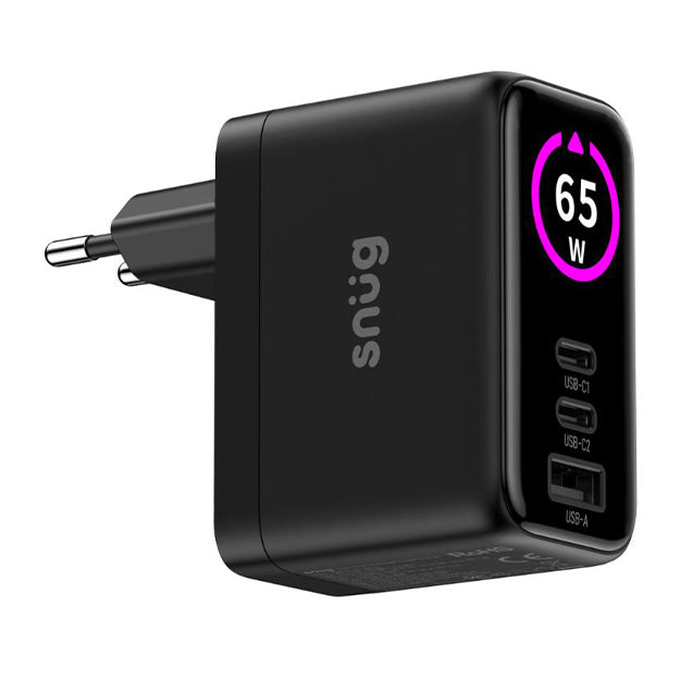 Snug Elite 3 Port GaN 65W Max Digital Display Wall Charger With USB-C Cable - Black
