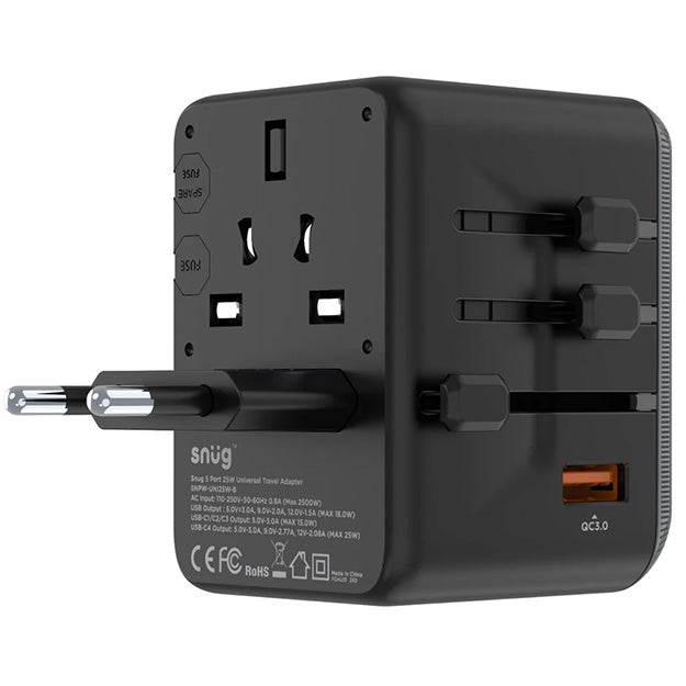 Snug 5 Port Universal Travel Adapter - 25W - Black