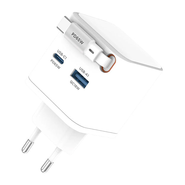 Snug 2 Port PD/USB Charger With Retractable Cable 65W - White
