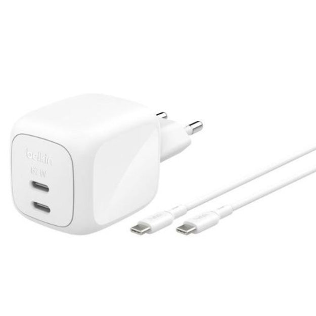 Belkin 67 Watt Dual USB-C Port GaN Wall Charger With 2m USB-C To USB-C Cable - White