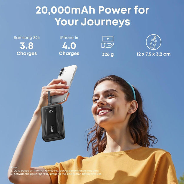 Anker Zolo 20 000mAh 45W Power Bank With Built-In Dual USB-C Cables - Black