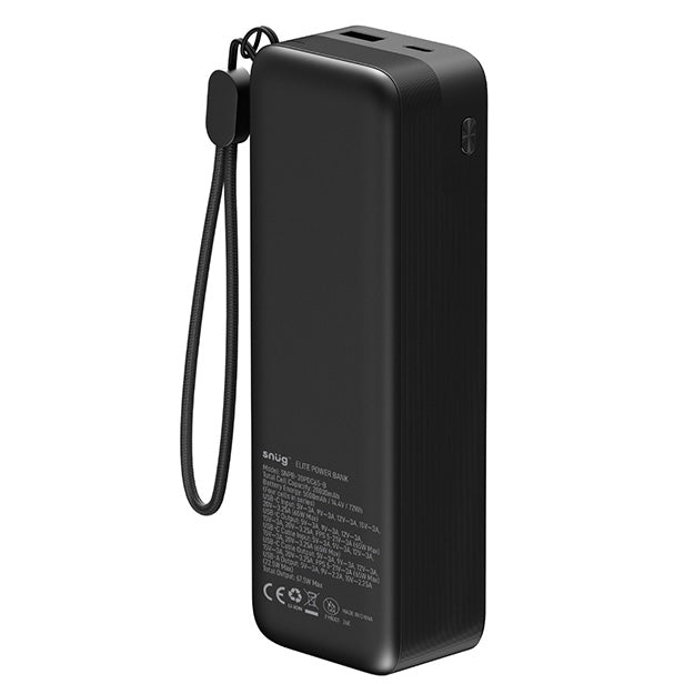 Snug Elite 20000mAh Power Bank 65W Fast Charge With Retractable Cable - Black