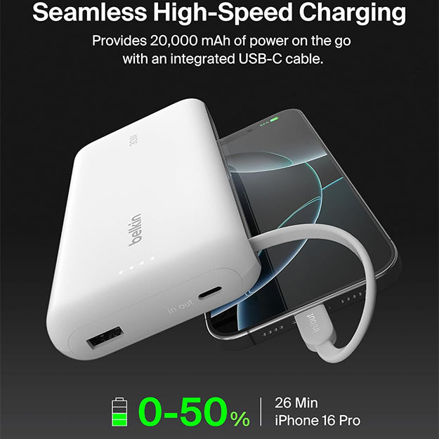 Belkin BoostCharge 20000 mAh PD 30 Watt USB-C Integrated Cable Power Bank