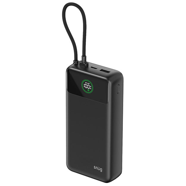 Snug 20000mAh Power Bank Fast Charge Intelligent Display With Built In USB-C Cable - Black