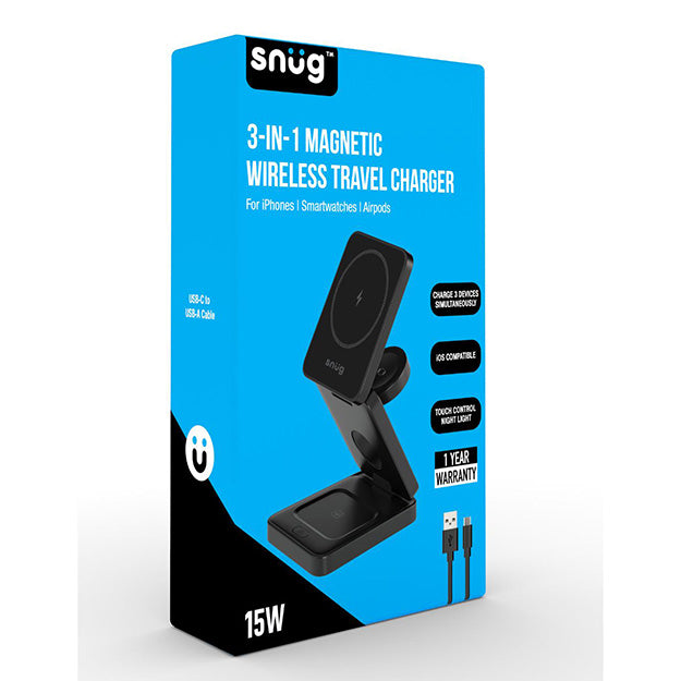 Snug 3-In-1 Magnetic Wireless Travel Charger For iPhones/Smart Watches & Airpods - Black