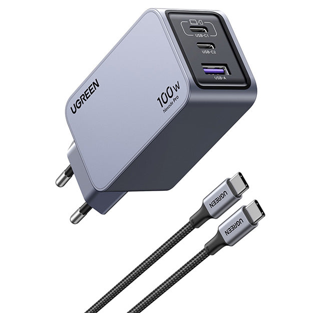 Ugreen Nexode 3 Port GaN 100W PD Charger With Cable - Grey