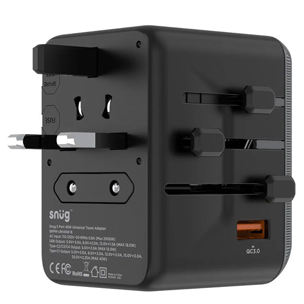 Snug 5 Port Universal Travel Adapter - 45W - Black