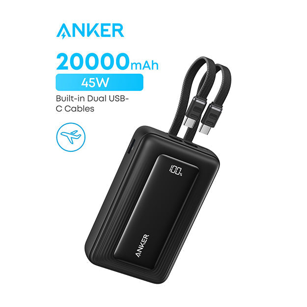 Anker Zolo Power Bank 20000mAh 45W Fast Charging With Built-In Dual USB-C Cables – Black