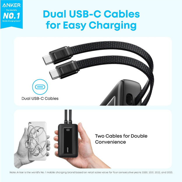 Anker Zolo 20 000mAh 45W Power Bank With Built-In Dual USB-C Cables - Black