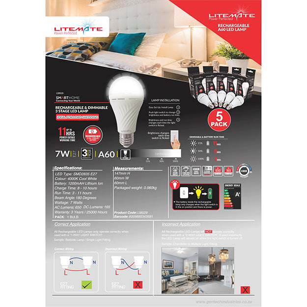 LiteMate Smarthome A60 7-Watt E27 Rechargable & Dimmable 3 Stage LED Lamp (5 Pack)
