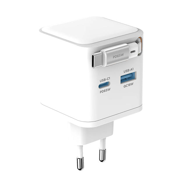 Snug 2 Port PD/USB Charger With Retractable Cable 65W - White