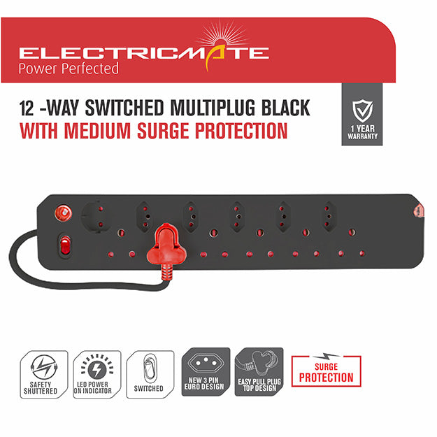 ElectricMate 12-Way Single Switch Surge Multiplug - Black