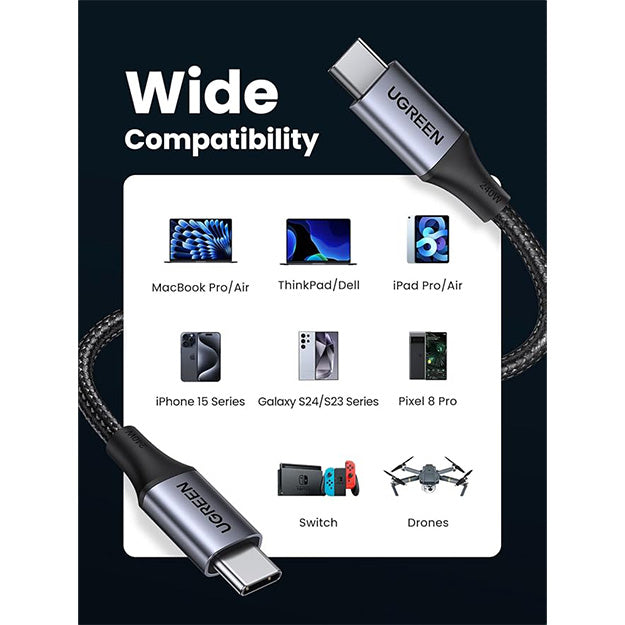 UGreen 240W USB-C To USB-C Braided Cable With Fast Charging 1m - Black