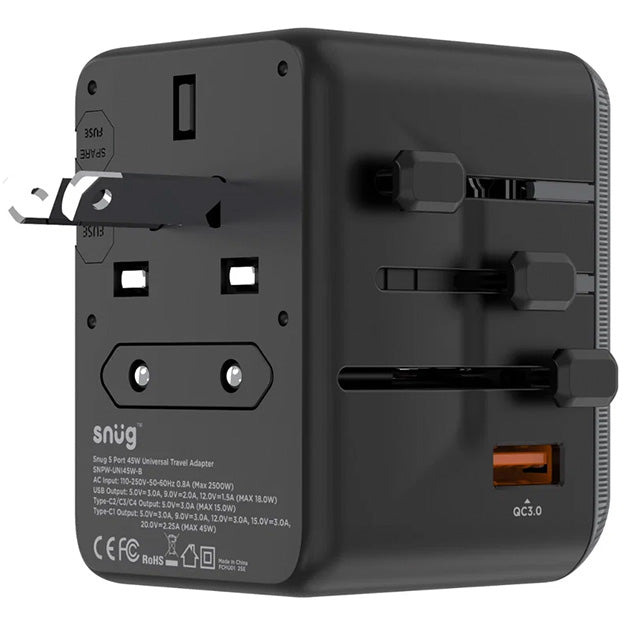 Snug 5 Port Universal Travel Adapter - 45W - Black