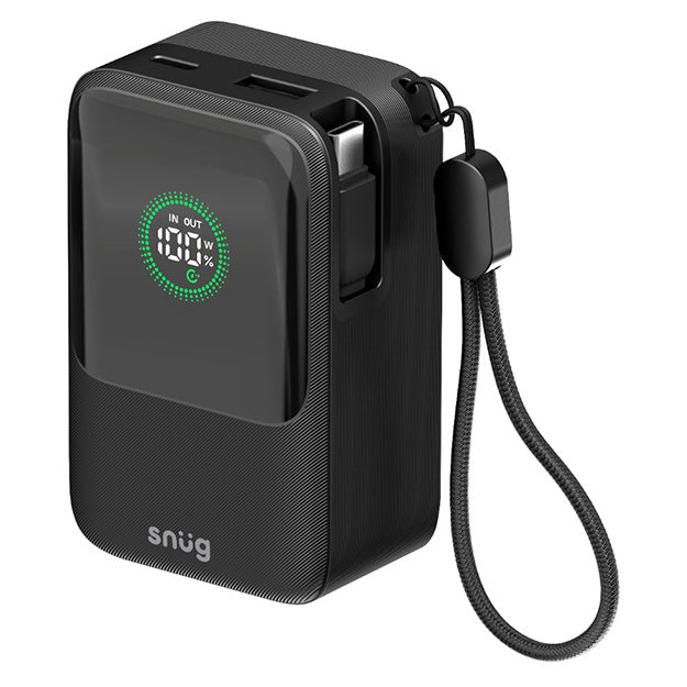 Snug Elite 10000mAh Power Bank 45W Fast Charge With Retractable Cable - Black
