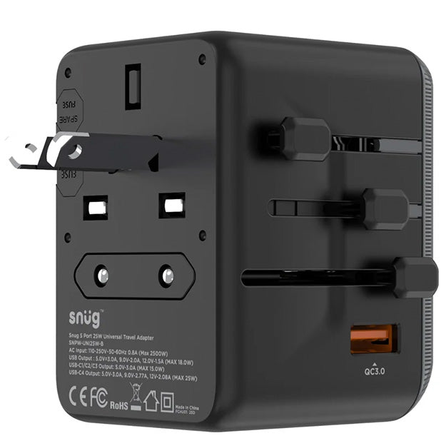 Snug 5 Port Universal Travel Adapter - 25W - Black