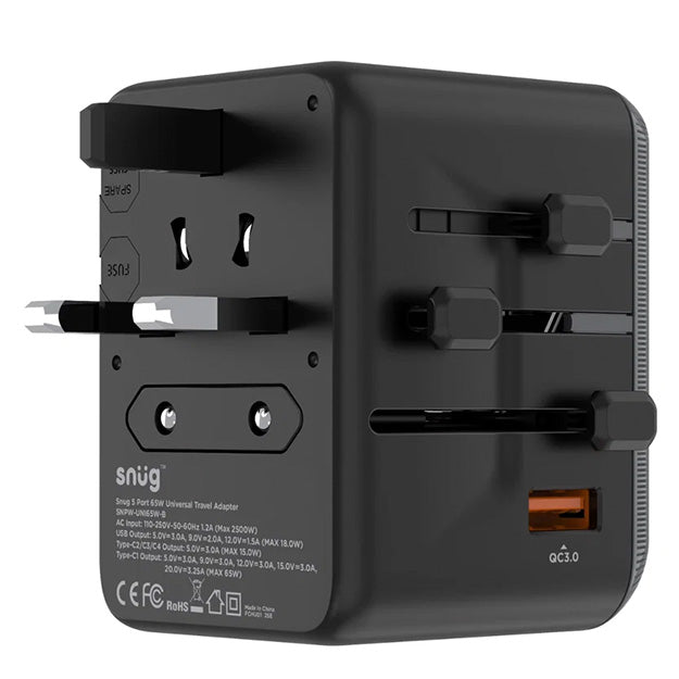Snug 5 Port Universal Travel Adapter - 65W - Black