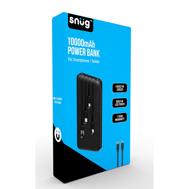 Snug 10000mAh Power Bank With 4 Built In Cables & Built In LED Torch - Black