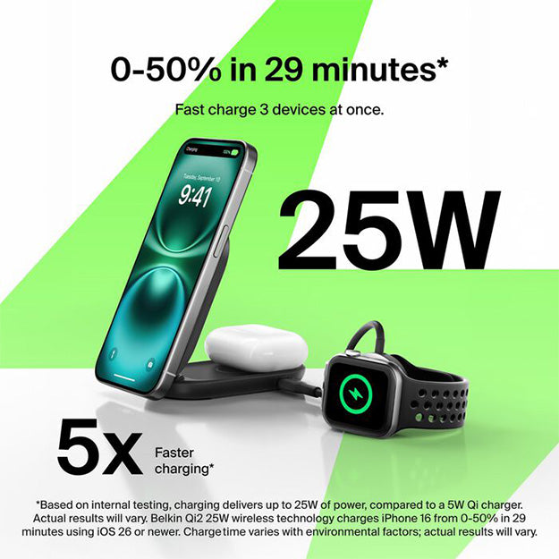 Belkin UltraCharge 2-In-1 Foldable Magnetic Wireless Charger With Qi2 25W Round Form - Black
