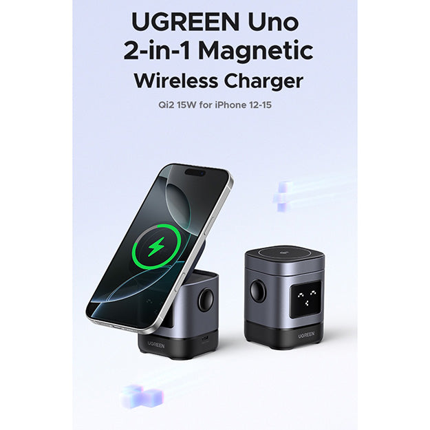 UGreen UNO 2-in-1 Magnetic Wireless Charging Station 15W Qi2 - Grey