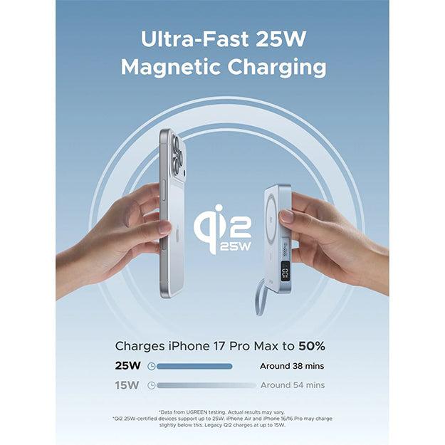 UGreen MagFlow Magnetic Wireless 10 000mAh Power Bank Qi2 25W With MagSafe - Blue