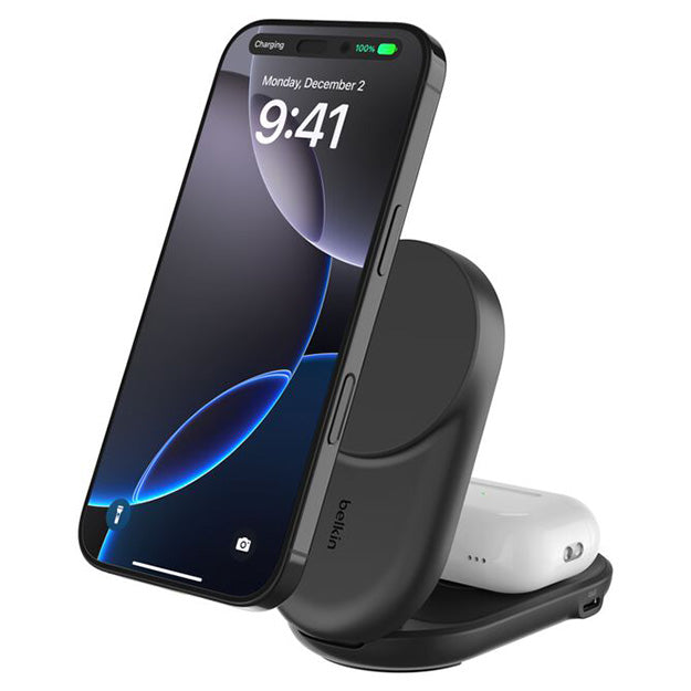 Belkin UltraCharge 2-In-1 Foldable Magnetic Wireless Charger With Qi2 25W Round Form - Black
