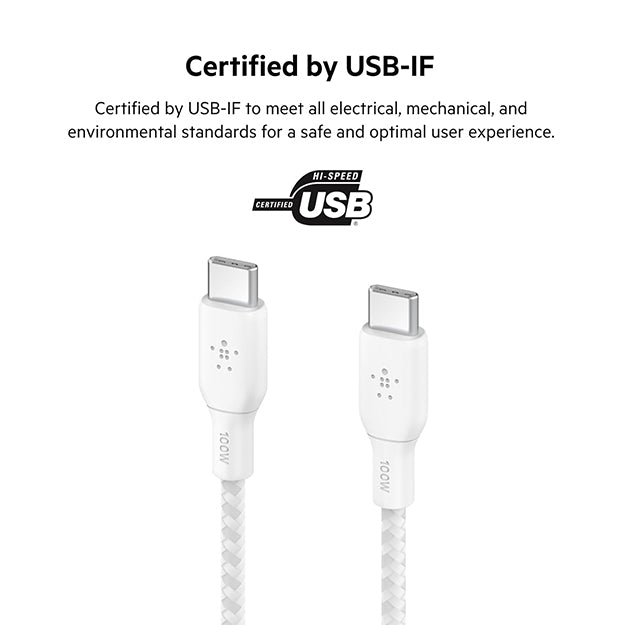Belkin BoostCharge USB-C Male To USB-C Male Braided Cable 100 Watt PD - 3m Cable - White