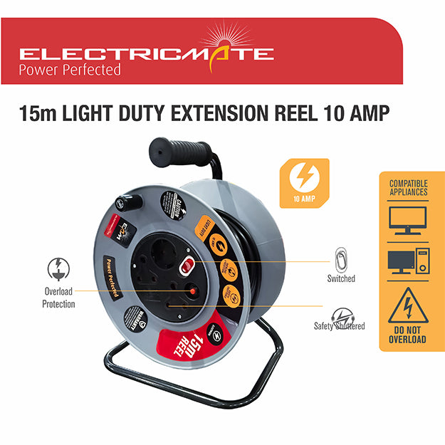 ElectricMate 10 Amp Extension Reel 15M - Grey