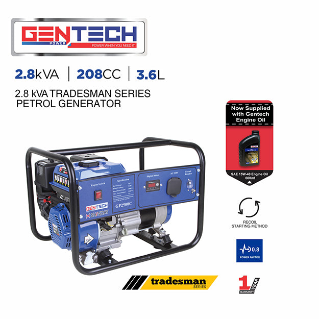 Gentech 2.8kVA Recoil Start Petrol Generator - Blue