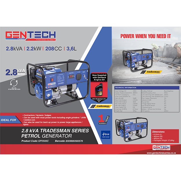 Gentech 2.8kVA Recoil Start Petrol Generator - Blue