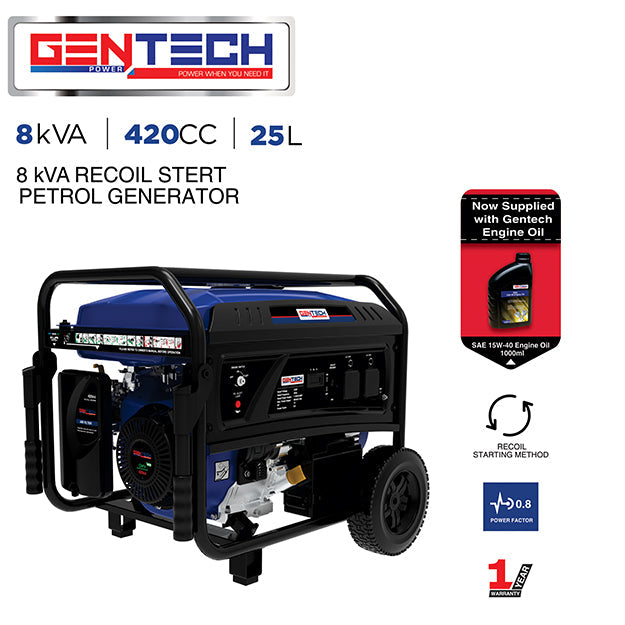 Gentech 8kVA Key Start Petrol Generator - Blue (Brand New - Damaged Box)