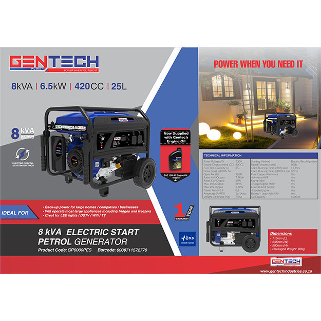 Gentech 8kVA Key Start Petrol Generator - Blue (Brand New - Damaged Box)