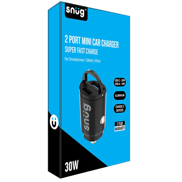 Snug Dual Port Mini Car Charger PD/USB 30W – Black