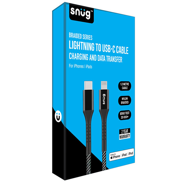 Snug Type-C To MFI Nylon Braided Cable 60W – 1.2 Metre – Black/Silver