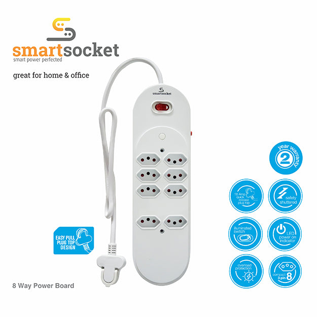 SmartSocket 8 Way Power Board - White
