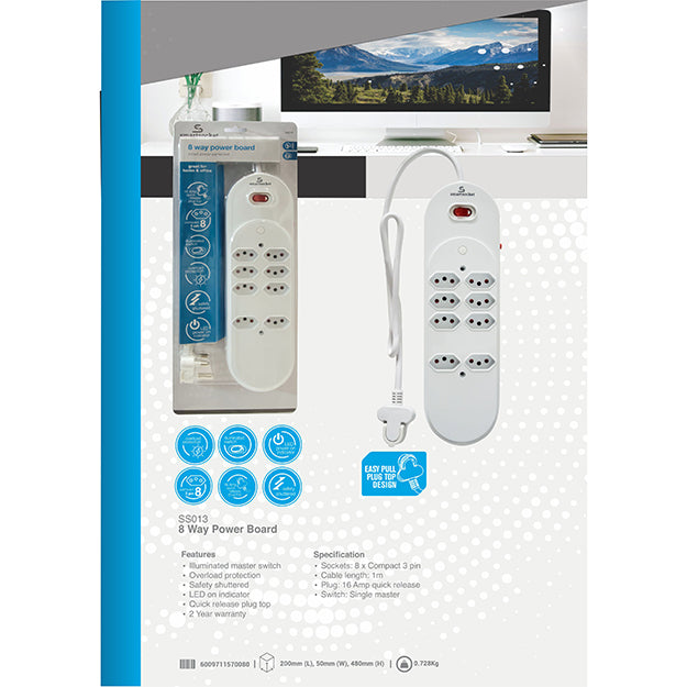 SmartSocket 8 Way Power Board - White